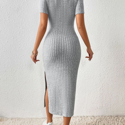Vestido informal de punto acanalado con cuello cuadrado y abertura lateral para mujer