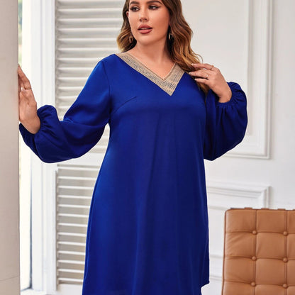 Women'S Plus Size 2023 Autumn And Winter Loose Casual Stitching Lace Long-Sleeved A- Line Dress