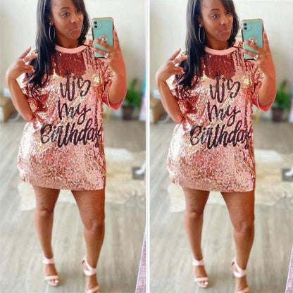 Vestido informal de manga corta con lentejuelas y letras para mujer