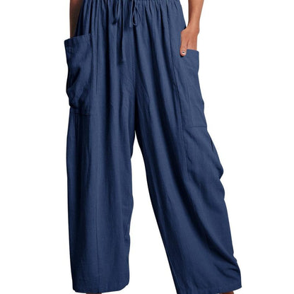 Pantalones cargo informales para mujer, con cintura elástica, plisados, de cintura alta, anchos y holgados, de algodón y lino con bolsillos.