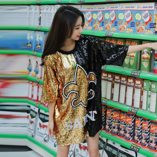 Camiseta informal de manga corta con lentejuelas y largo medio para mujer