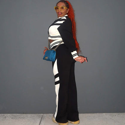 Athleisure Women Autumn Winter Contrast Color Casual Zipper Sweatshirt Wide Leg Pants Two-Piece Set