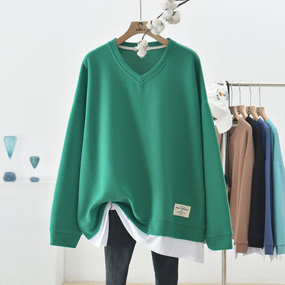Sudadera informal de manga larga con cuello en V y costuras de color liso para mujer, holgada, de talla grande