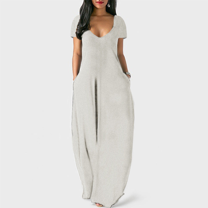 Summer Plus Size Women Basic Solid Color Casual V Neck Short-Sleeved Maxi Dress With Pockets