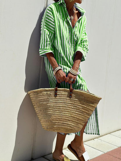 Women Casual Lapel Stripe Shirt Split Dress