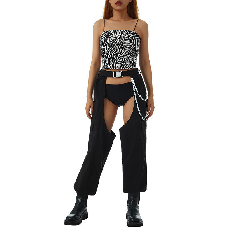 Women Fashion Sexy Casual Solid Color Chain Hollow-Out High Waiste Pants