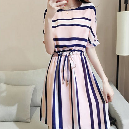 Women Fashion Casual Petite Stripe Print Defined Waist Dress