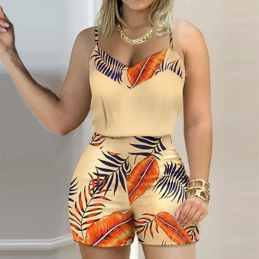 Conjunto de 2 piezas de camisola informal con cuello en V y pantalones cortos a la cintura con estampado de hojas para mujer