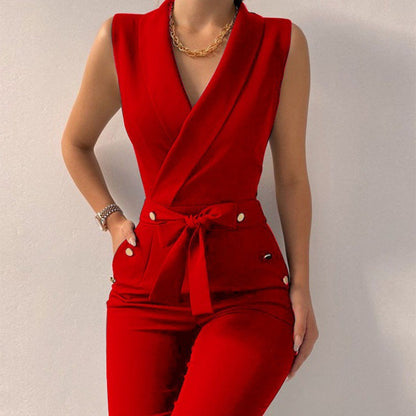 Summer Women Casual V-Neck Sleeveless Lace-Up Slim Fit Jumpsuits