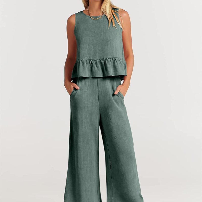 Conjunto de dos piezas de top informal sin mangas y pantalón ancho para mujer
