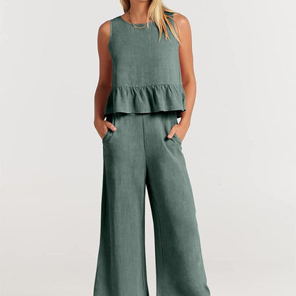Conjunto de dos piezas de top informal sin mangas y pantalón ancho para mujer
