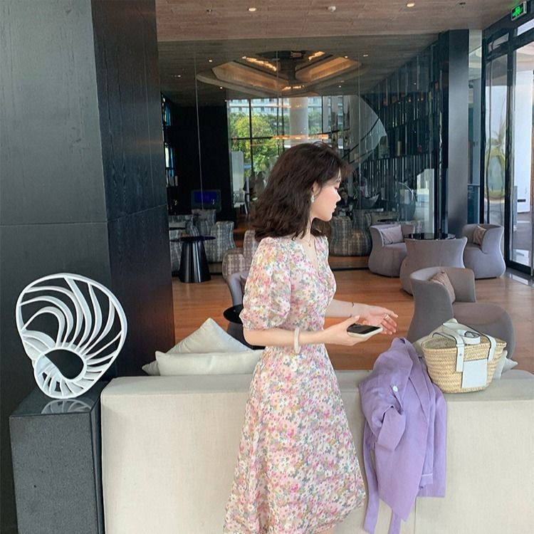 Women Casual Summer Vacation Sweet Puff Sleeve Floral V Neck Dress