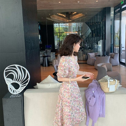 Women Casual Summer Vacation Sweet Puff Sleeve Floral V Neck Dress