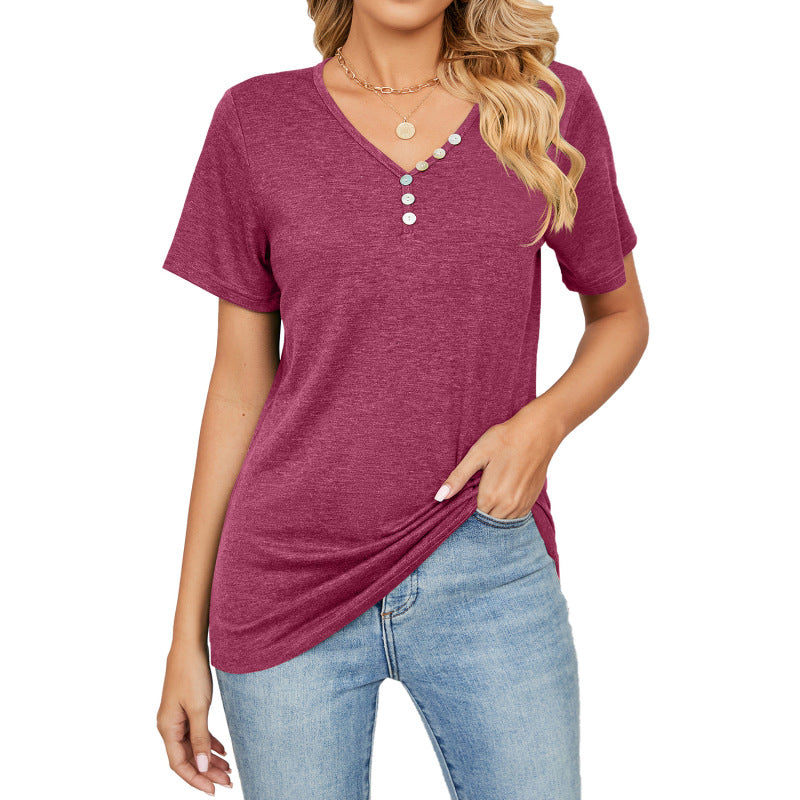 Camiseta informal holgada de manga corta con botones y cuello en V para mujer