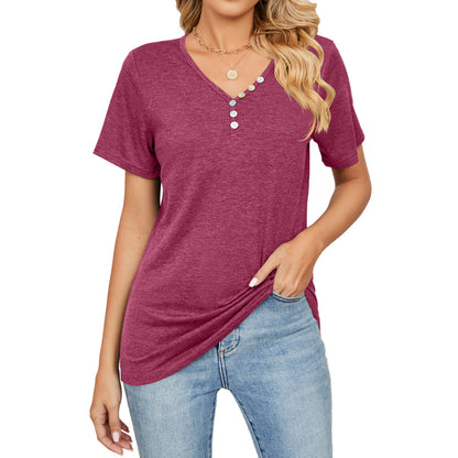 Camiseta informal holgada de manga corta con botones y cuello en V para mujer