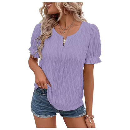 Blusa informal de jacquard de color liso con cuello en V y mangas abullonadas para mujer
