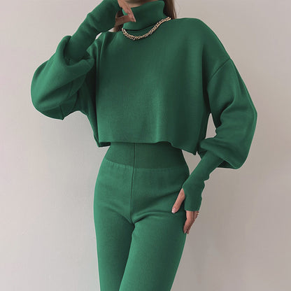 Autumn Winter Women Turtleneck Loose Long-Sleeved Top Pants Casual Fashion Set