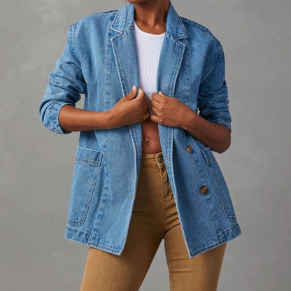 Abrigo vaquero informal de manga larga con solapa para mujer