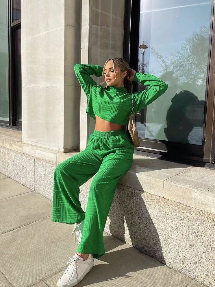 Conjunto de dos piezas informal de color liso con capucha y pantalones de pierna ancha de manga larga para mujer