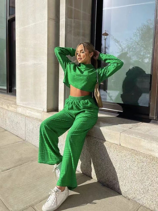 Conjunto de dos piezas informal de color liso con capucha y pantalones de pierna ancha de manga larga para mujer
