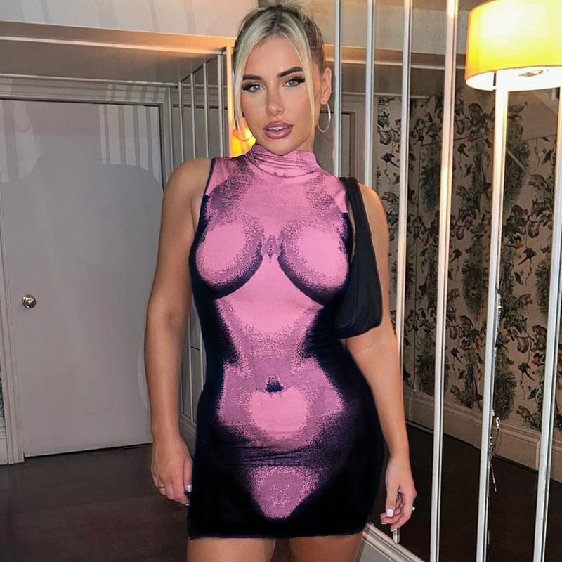 Vestido mini informal sin mangas con cuello redondo y estampado a la moda para mujer