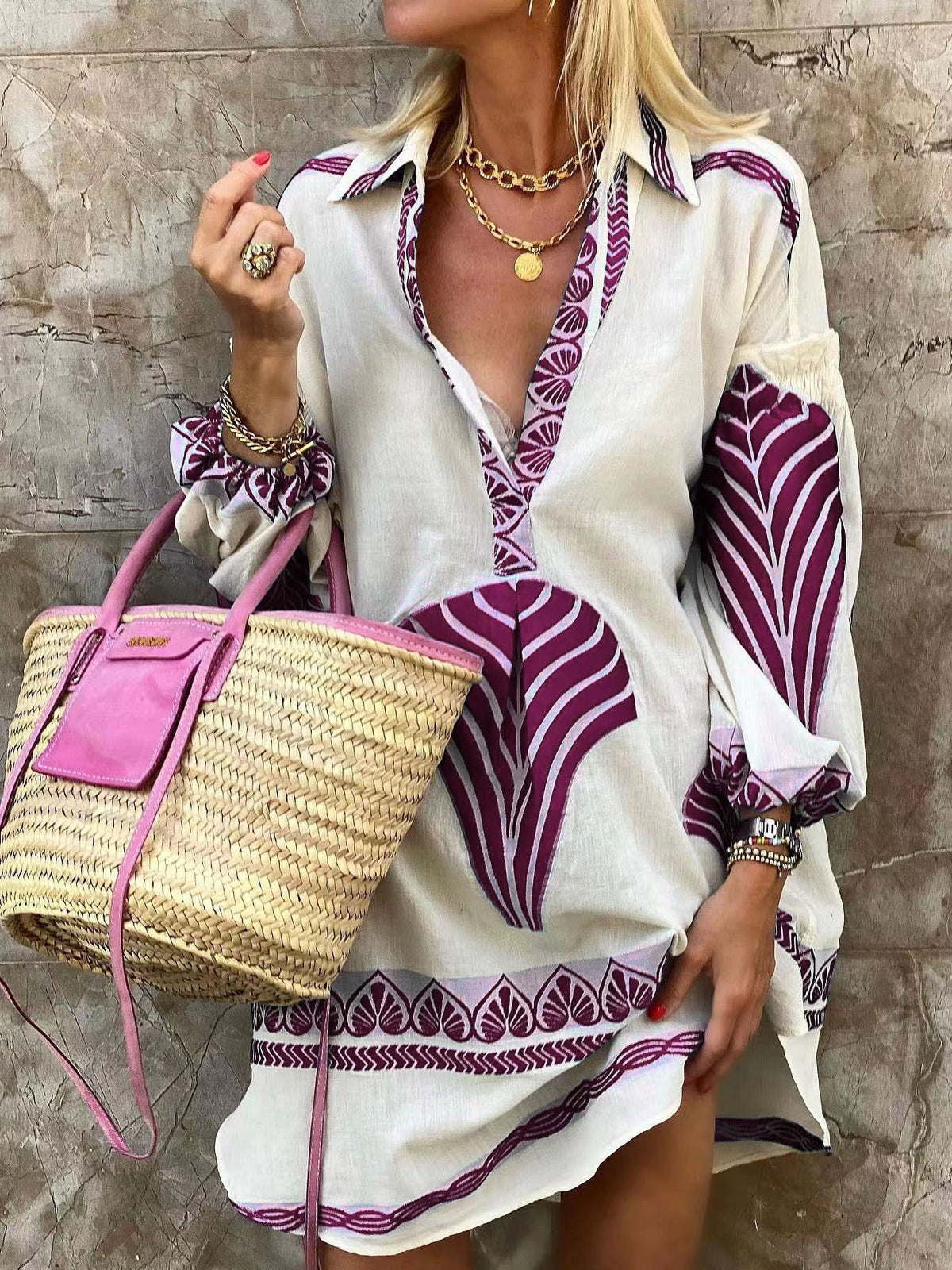 Women Boho Spring And Summer Casual Long Shirt Loose Vacation V-Neck Dress