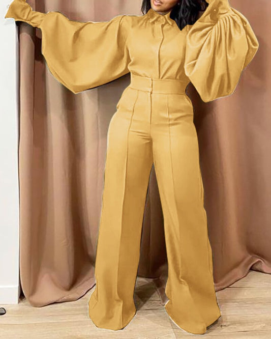 Women Fashion Casual Loose Solid Color Stitching Lapel Long Sleeve Jumpsuit