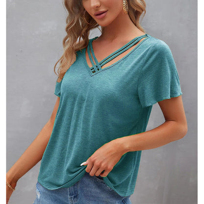 Camiseta informal de verano para mujer, con cuello en V y manga corta