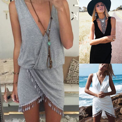 Women Casual V Neck Beach Tassel Solid Color Sleeveless Summer Dress