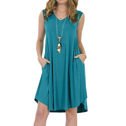 Women Fashion Casual Sleeveless Pocket V Neck Tank Dress