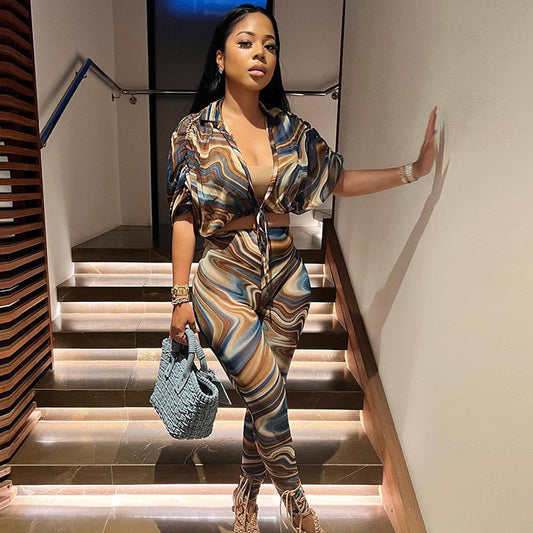 Women Fashion Simple Ripple Printing Short Sleeve Shirt Blouse And Pants Casual Two Pieces Set