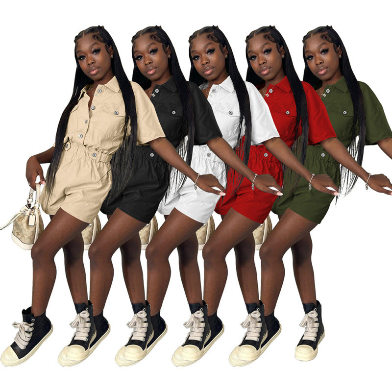 Women Summer Casual Style Single Breasted Buckle Pocket Short Sleeve Solid Cargo Rompers