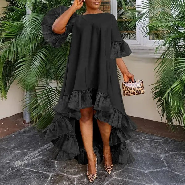 Women Plus Size Casual Mesh Stitching Irregular Hem Dress