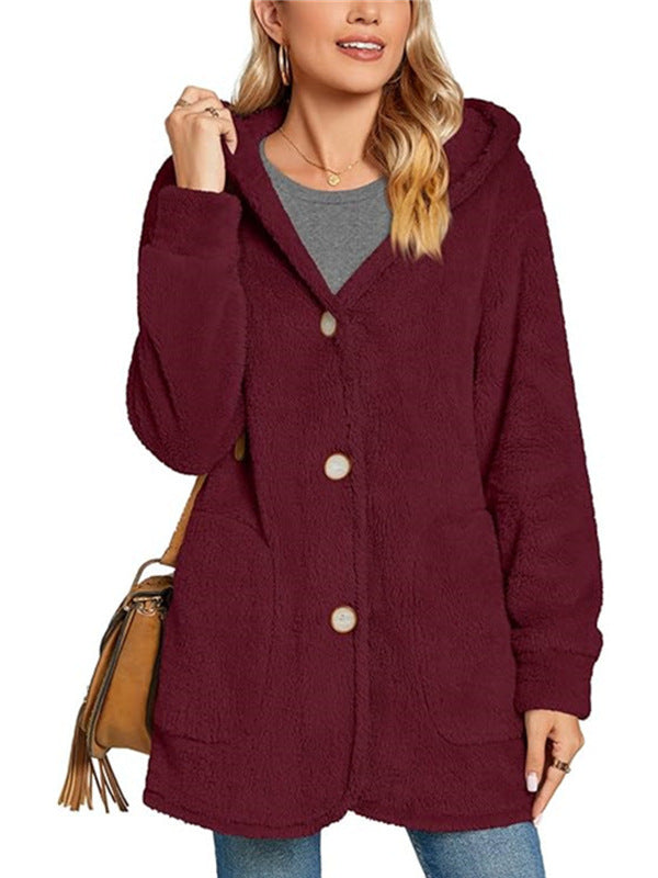 Cárdigan informal con capucha y bolsillos abotonados de felpa para mujer de invierno