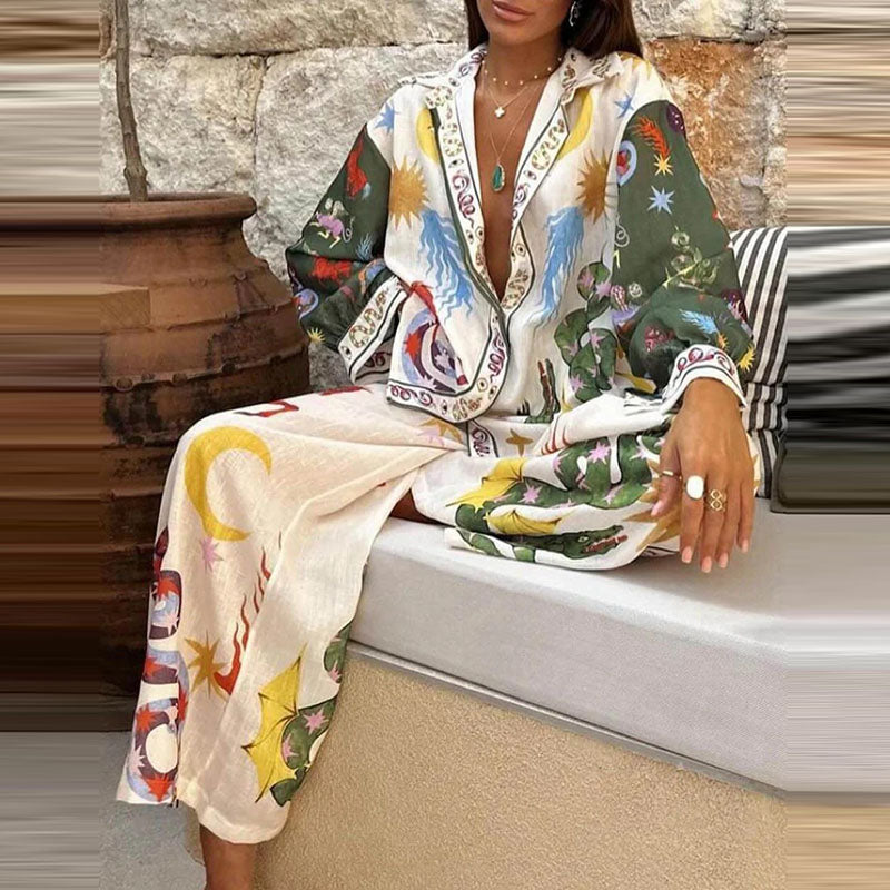 Conjunto de dos piezas formado por camisa, pantalón y top de manga larga con solapa y estampado gráfico informal para mujer
