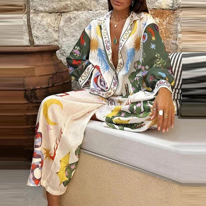 Conjunto de dos piezas formado por camisa, pantalón y top de manga larga con solapa y estampado gráfico informal para mujer