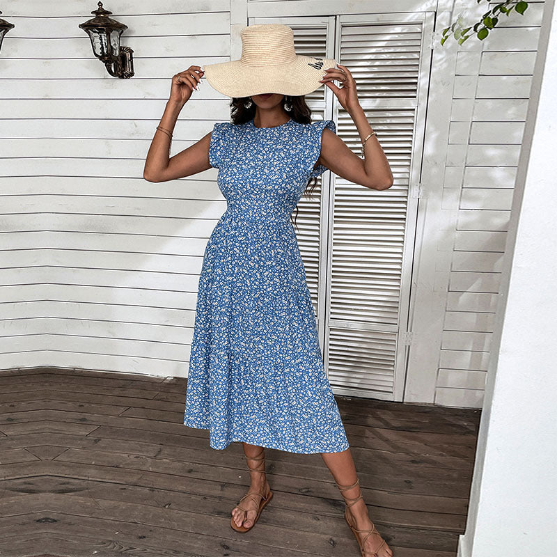 Women Casual floral Printing Round Neck Ruffled Dress