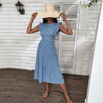 Women Casual floral Printing Round Neck Ruffled Dress