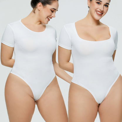 Women Fashion Casual Square Collar Tight Basic Solid Color Slim-Fit Plus Size Short-Sleeve Bodysuit