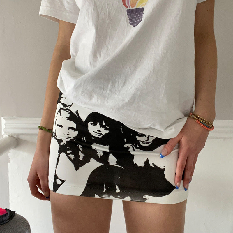 Women Skirt Abstract Portrait Graffiti Print Short Skirt Casual Mini Hip Skirt