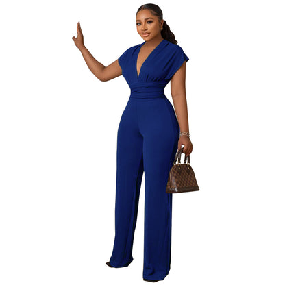 Women Fashion Casual Solid Color V-Neck Sleeveless Silm-Fit Jumpsuit