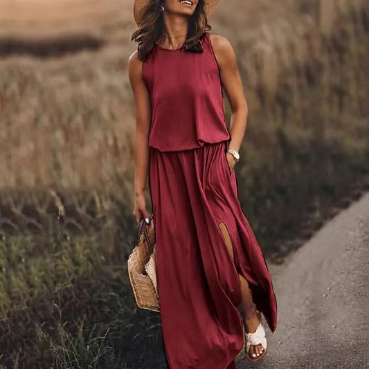 Women Casual Solid Color Sleeveless Side-Slit Maxi Dress
