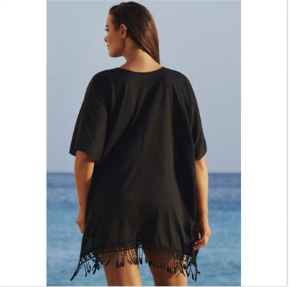 Women Fashion Casual Solid Color Tassel V Neck Short Sleeve Plus Size Dress