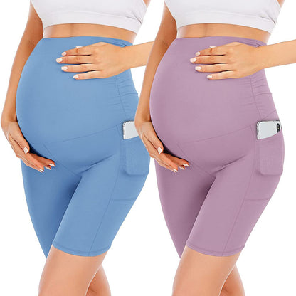Pregnant Women Casual Solid Color High-Waist Slim-Fit Abdomen-Supporting Shorts