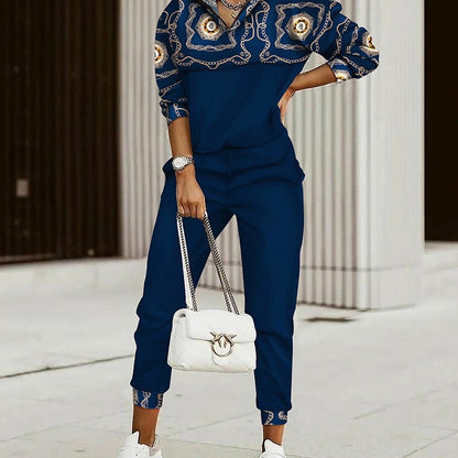 Conjunto informal de top y pantalón de manga larga con estampado geométrico colorido para mujer