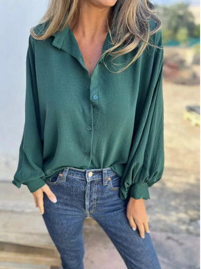 Blusa informal de manga larga con botones y estampado de flores de color liso para mujer