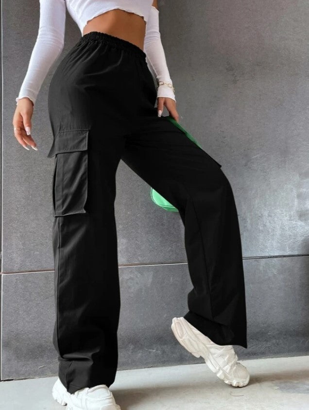 Women Loose Casual Solid Color High Waist Cargo Pants