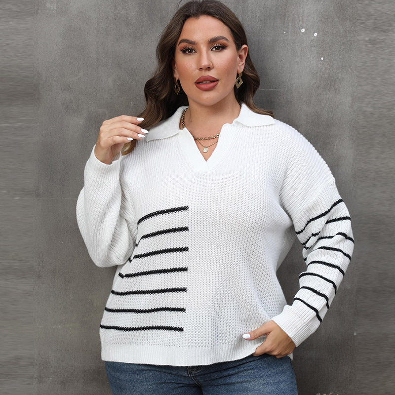 Suéter holgado informal de punto con cuello en V y solapa a rayas para mujer, talla grande, para invierno y otoño