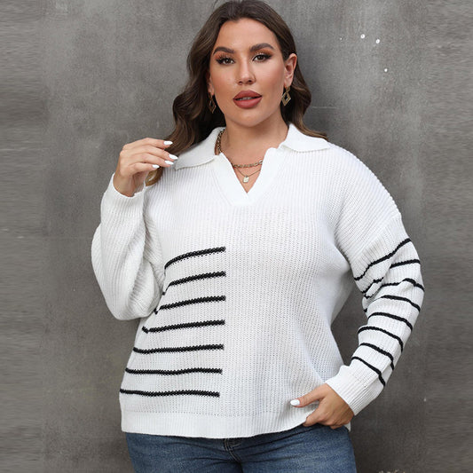 Suéter holgado informal de punto con cuello en V y solapa a rayas para mujer, talla grande, para invierno y otoño