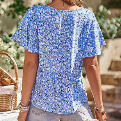 Blusa informal de manga corta con cuello en V y estampado floral para mujer